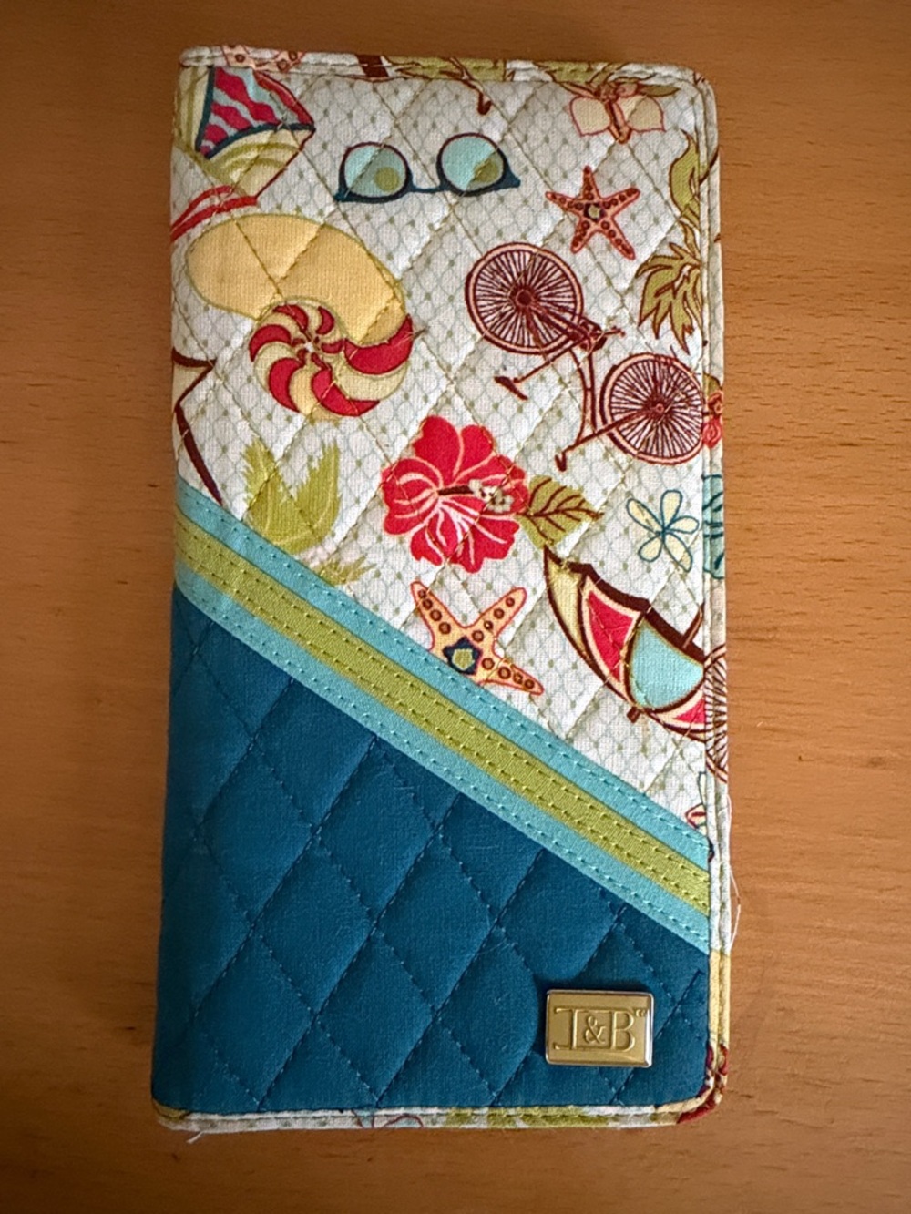 Teal Quilted Floral Long Wallet - Teal & Cream